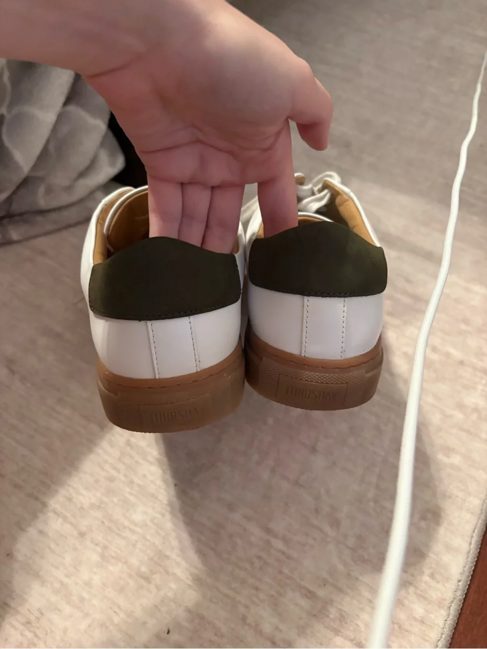 Thursday Boot Company White Leather Sneakers with Tan Lining and Olive Heel